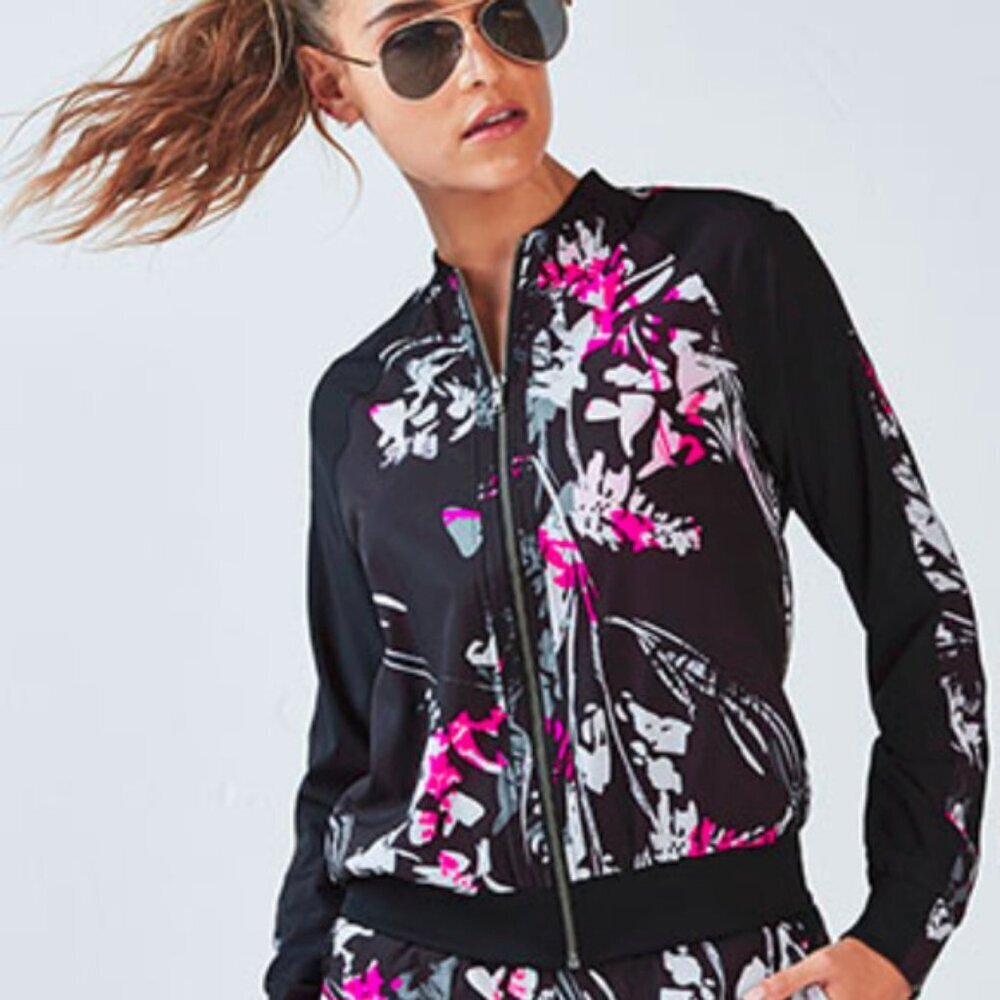 Fabletics Bev Bomber Jacket Women's Black Pink White Floral Zip Up XL